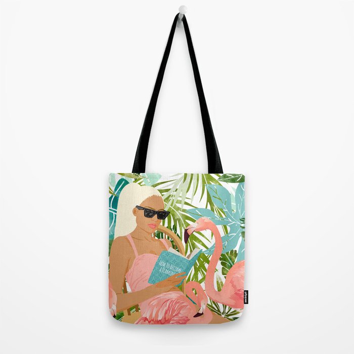 How To Become a Flamingo Illustration, Human Nature Connection, Woman Fashion Travel Tote Bag Gallery Image 2
