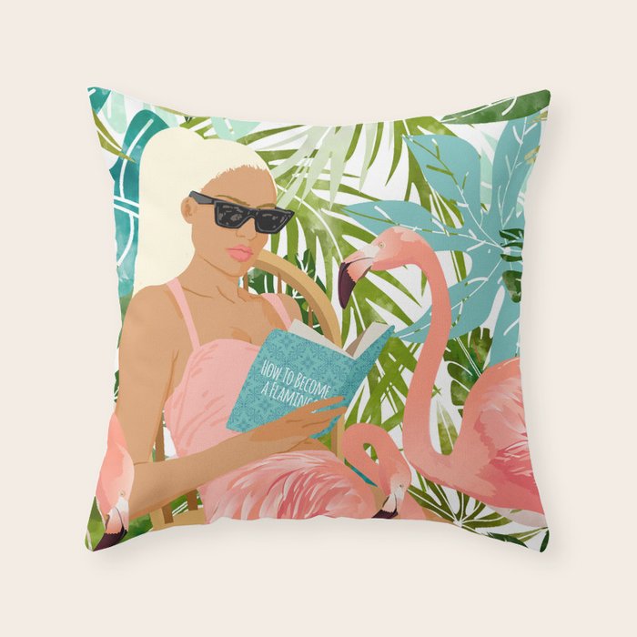 How To Become a Flamingo Illustration, Human Nature Connection, Woman Fashion Travel Throw Pillow Gallery Image 6