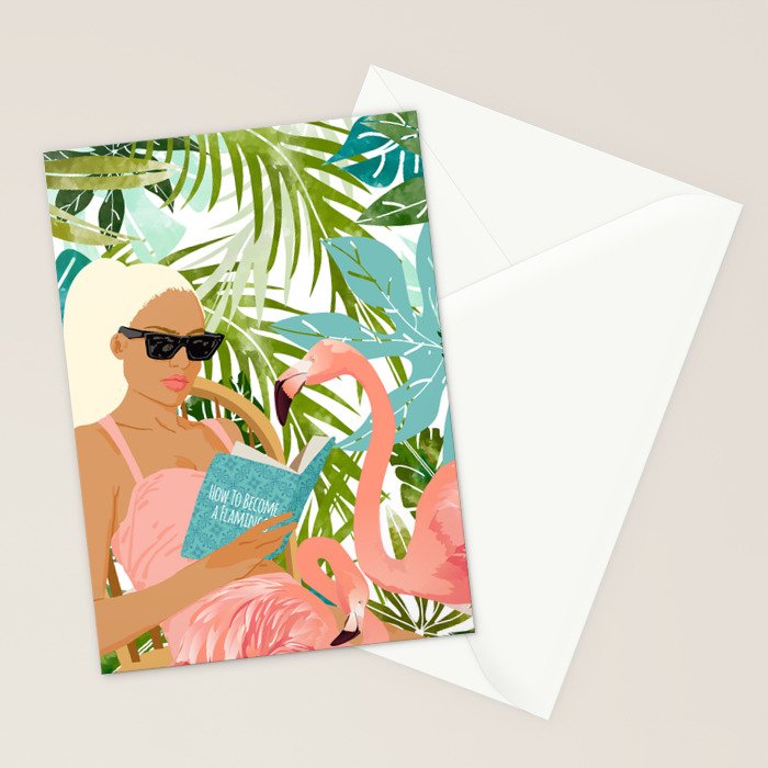 How To Become a Flamingo Illustration, Human Nature Connection, Woman Fashion Travel Stationery Card Gallery Image 2