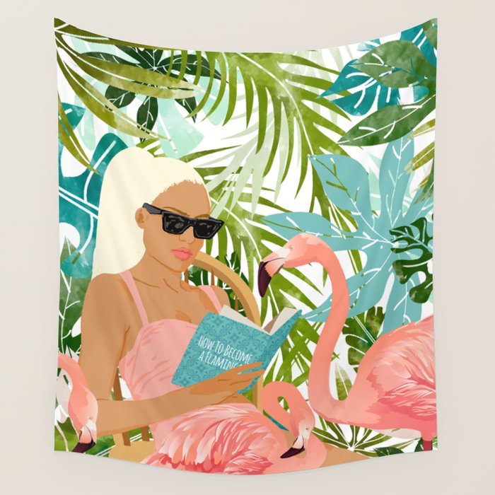 How To Become a Flamingo Illustration, Human Nature Connection, Woman Fashion Travel Wall Tapestry Gallery Image 4
