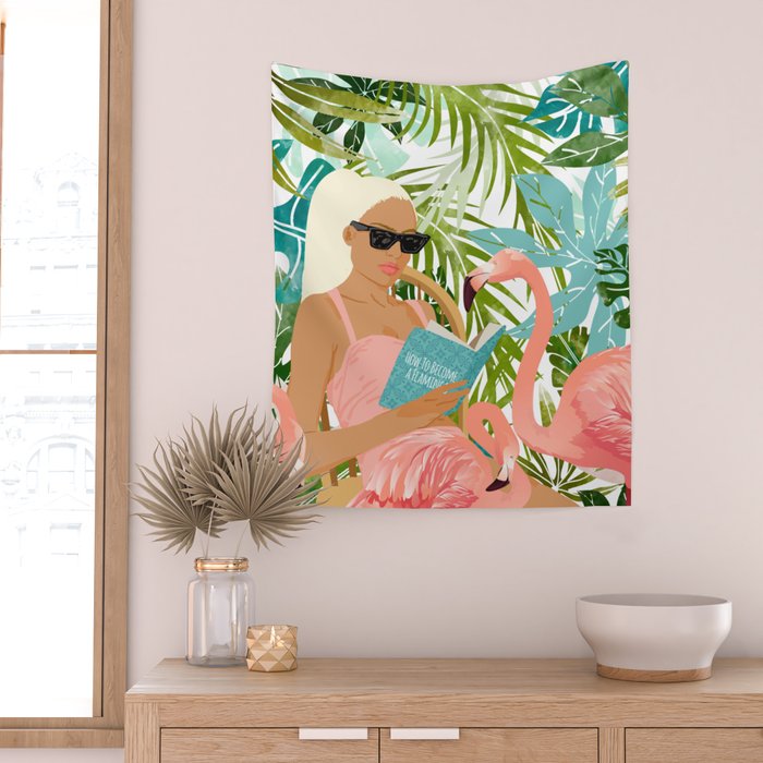 How To Become a Flamingo Illustration, Human Nature Connection, Woman Fashion Travel Wall Tapestry Gallery Image 2
