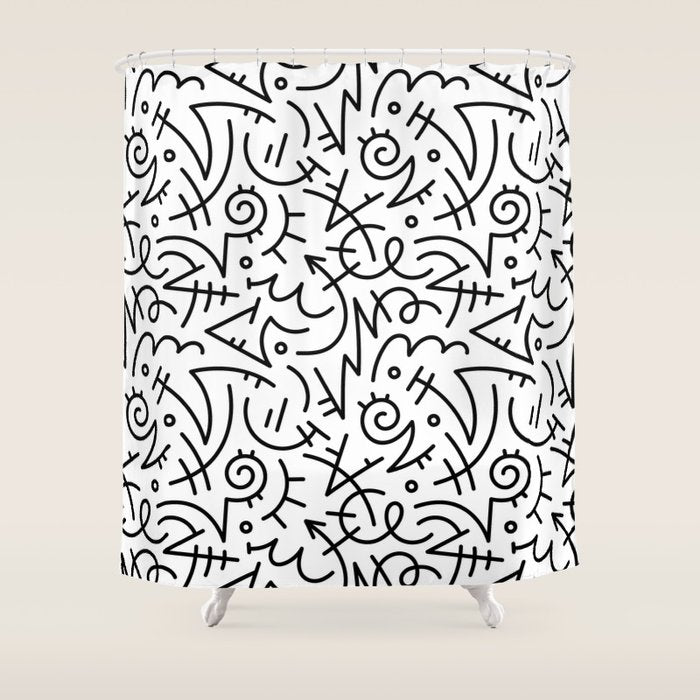 Abstract black and white line doodle pattern Shower Curtain Gallery Image 1