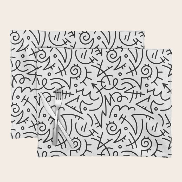 Abstract black and white line doodle pattern Placemat Gallery Image 1