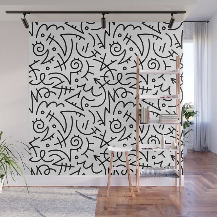 Abstract black and white line doodle pattern Wall Mural Gallery Image 1