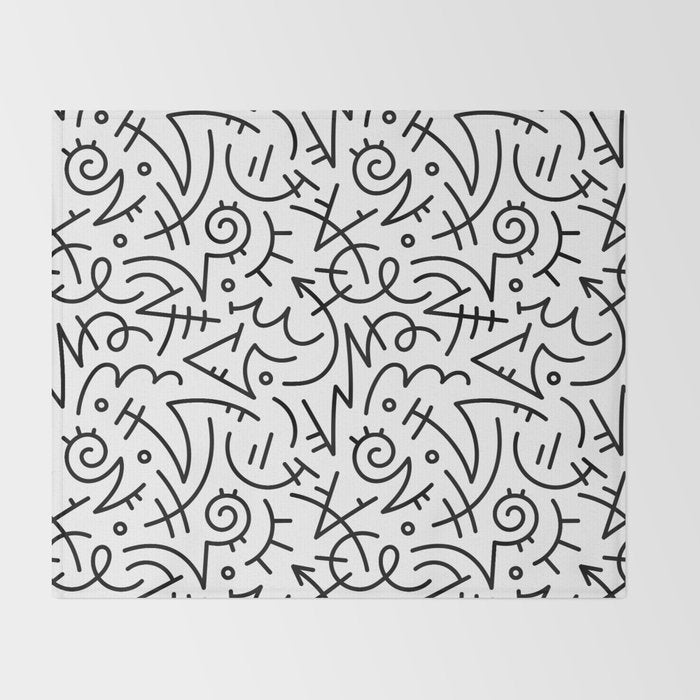 Abstract black and white line doodle pattern Throw Blanket Gallery Image 2