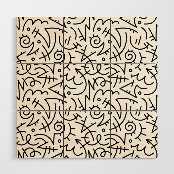 Abstract black and white line doodle pattern Wood Wall Art Gallery Image 1