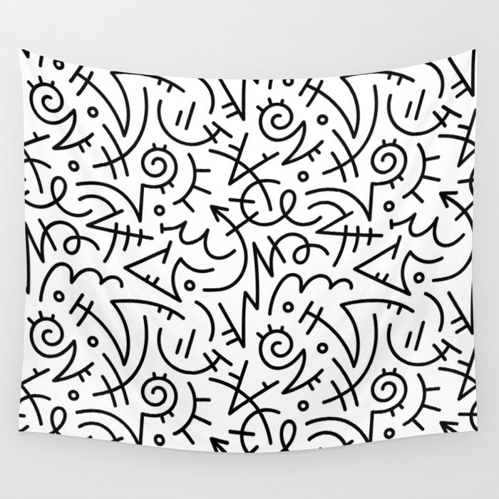 Abstract black and white line doodle pattern Wall Tapestry Gallery Image 1