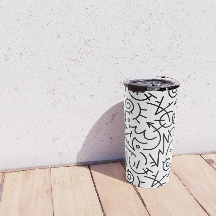 Abstract black and white line doodle pattern Travel Mug Gallery Image 4