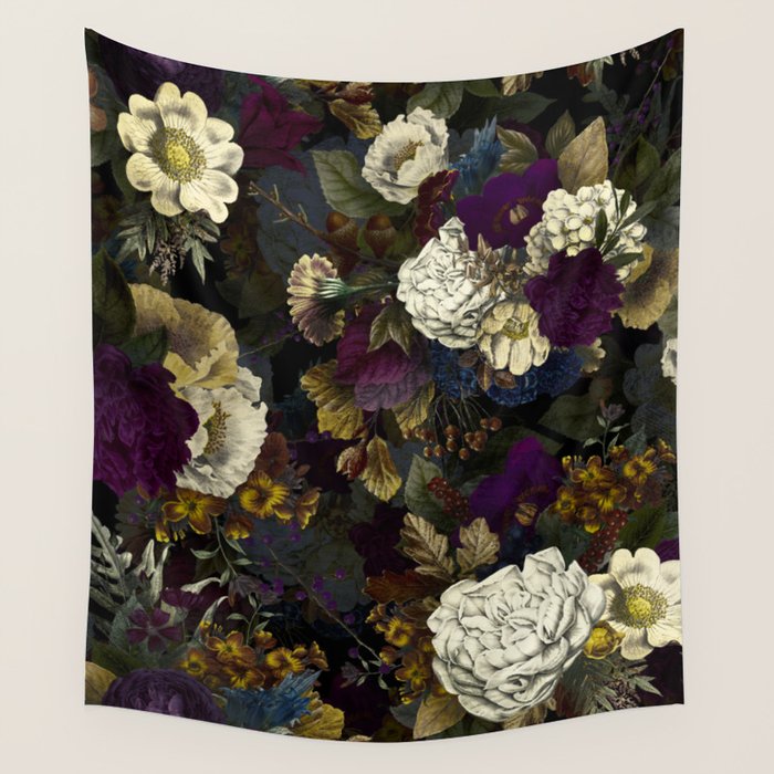Dutch Vintage Midnight Flower Garden  Wall Tapestry Gallery Image 1