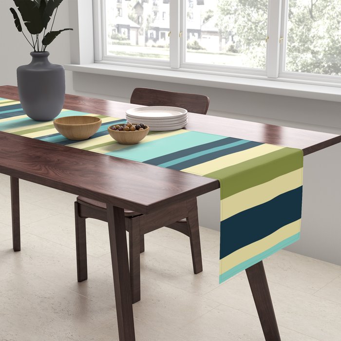 Vertical Stripes Blue Aqua Olive Vanilla Pattern 2 Table Runner Gallery Image 2