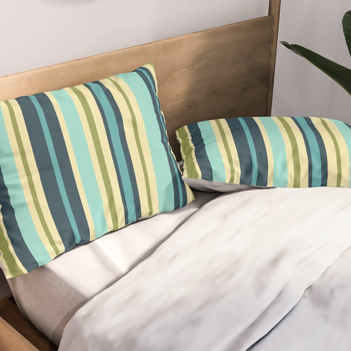 Vertical Stripes Blue Aqua Olive Vanilla Pattern 2 Pillow Sham Gallery Image 2