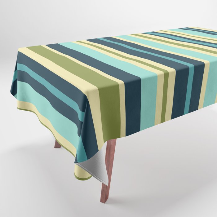 Vertical Stripes Blue Aqua Olive Vanilla Pattern 2 Tablecloth Gallery Image 1