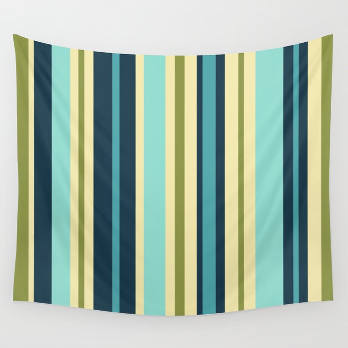 Vertical Stripes Blue Aqua Olive Vanilla Pattern 2 Wall Tapestry Gallery Image 1