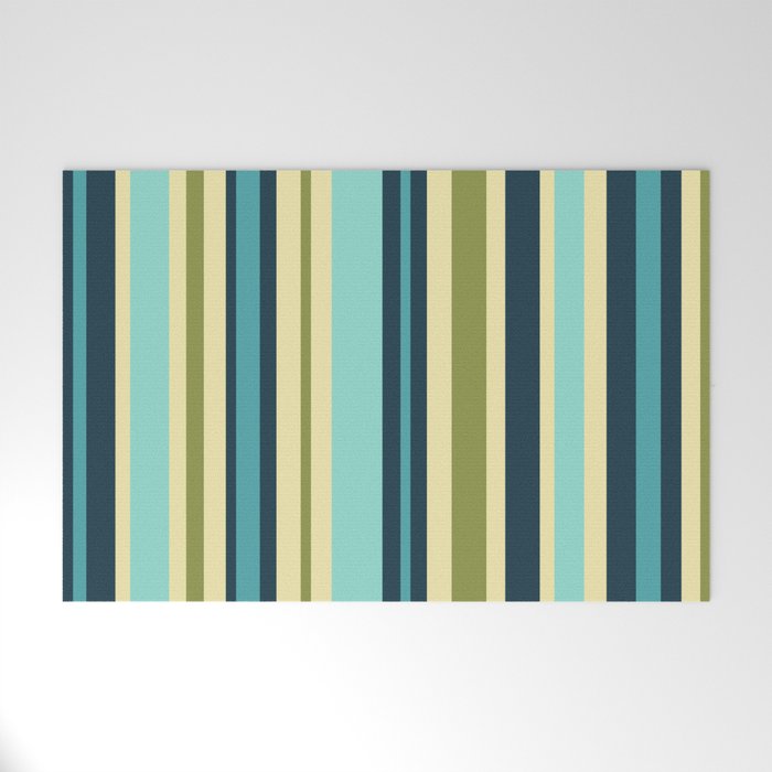 Vertical Stripes Blue Aqua Olive Vanilla Pattern 2 Welcome Mat Gallery Image 1