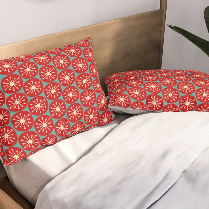 Mid Century Modern Atomic Dots Retro Christmas Pattern in Vintage Red and Turquoise Teal Pillow Sham Gallery Image 2