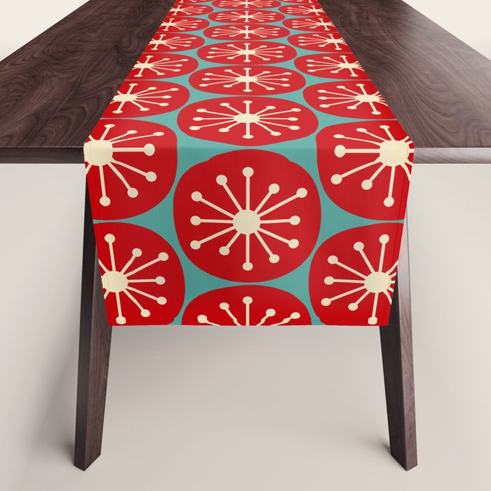 Mid Century Modern Atomic Dots Retro Christmas Pattern in Vintage Red and Turquoise Teal Table Runner Gallery Image 1