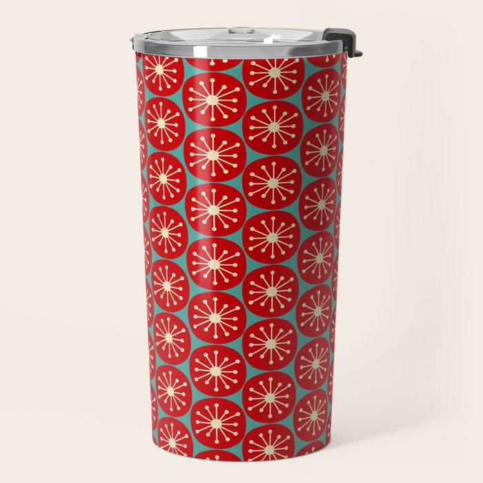 Mid Century Modern Atomic Dots Retro Christmas Pattern in Vintage Red and Turquoise Teal Travel Mug Gallery Image 2