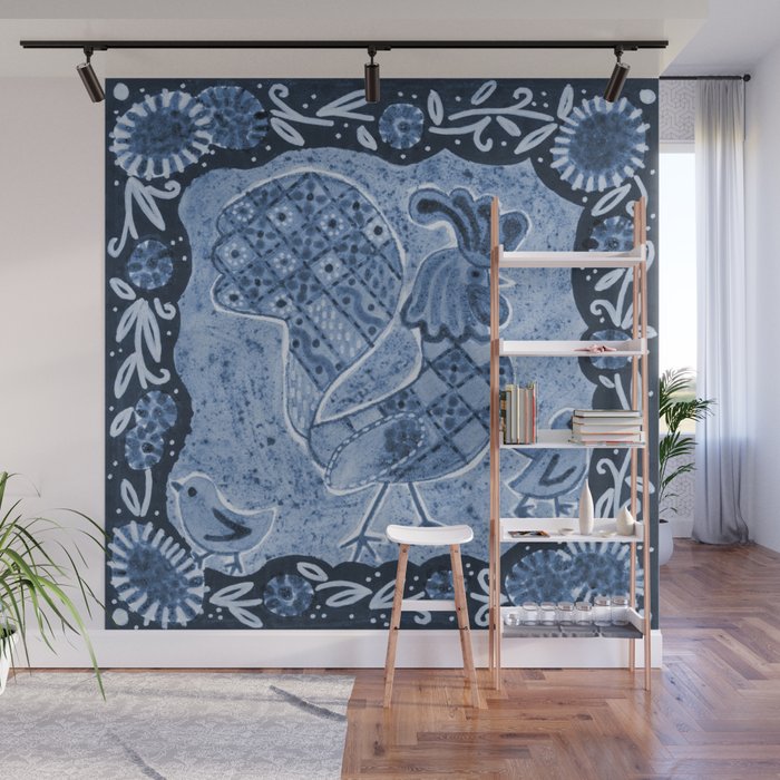 Rooster Painting in Navy Blue - Folk Art Style Wall Mural Gallery Image 1