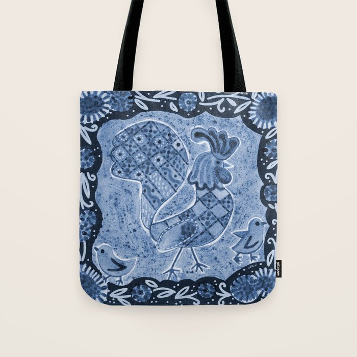 Rooster Painting in Navy Blue - Folk Art Style Tote Bag Gallery Image 1