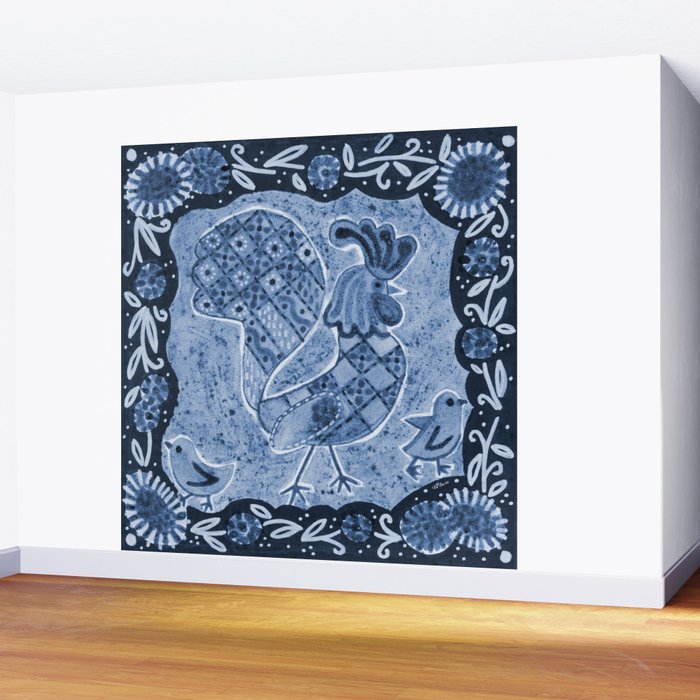 Rooster Painting in Navy Blue - Folk Art Style Wall Mural Gallery Image 2