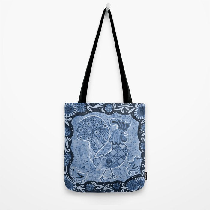 Rooster Painting in Navy Blue - Folk Art Style Tote Bag Gallery Image 2