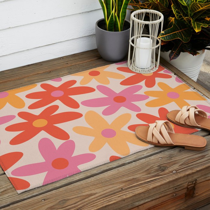 Daisy Time Retro Floral Pattern Pink Orange Outdoor Rug Gallery Image 2