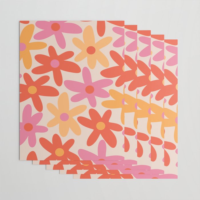 Daisy Time Retro Floral Pattern Pink Orange Wrapping Paper Gallery Image 3