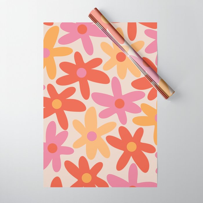 Daisy Time Retro Floral Pattern Pink Orange Wrapping Paper Gallery Image 1