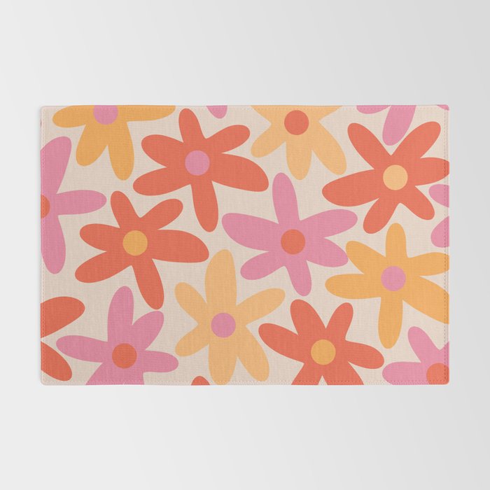 Daisy Time Retro Floral Pattern Pink Orange Rug Gallery Image 2