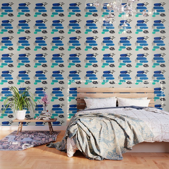 Fun Abstract Minimalist Mid Century Modern Colorful Shapes Marine Green Blue Ombre Watercolor Bubble Wallpaper Gallery Image 1