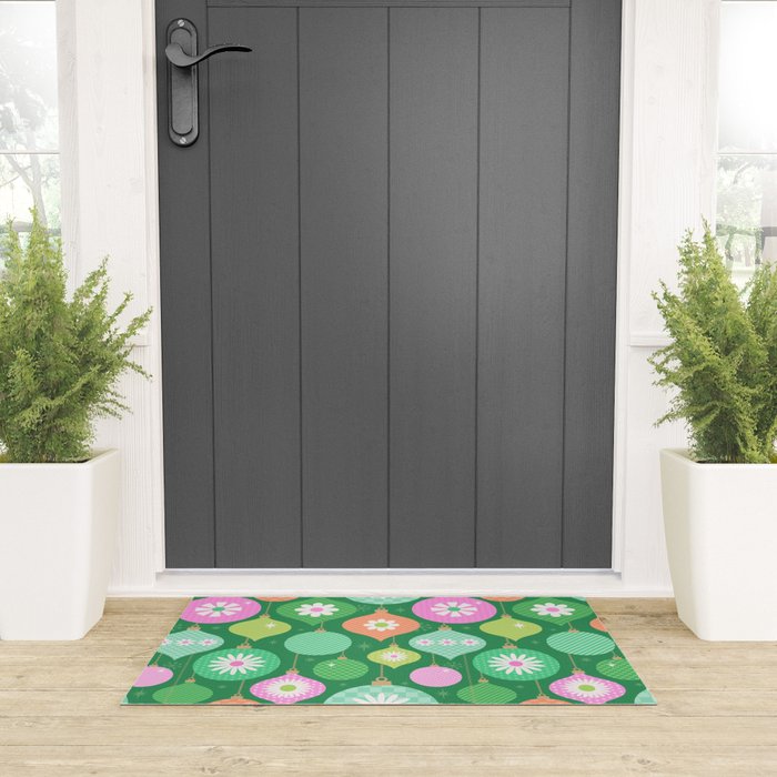 Happy Holidays Retro Ornaments - Multi-Pink on Green Welcome Mat Gallery Image 3