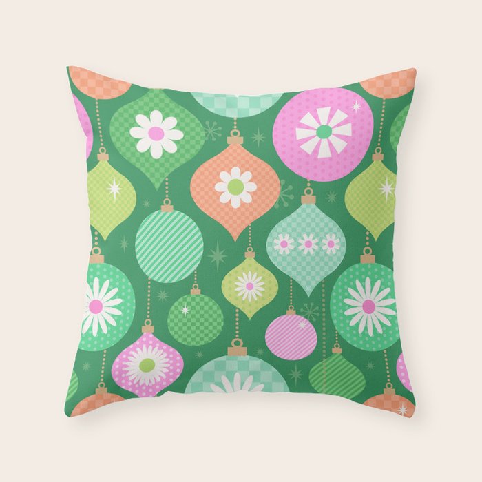 Happy Holidays Retro Ornaments - Multi-Pink on Green Throw Pillow Gallery Image 6