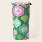 Happy Holidays Retro Ornaments - Multi-Pink on Green Travel Mug Gallery Image 2