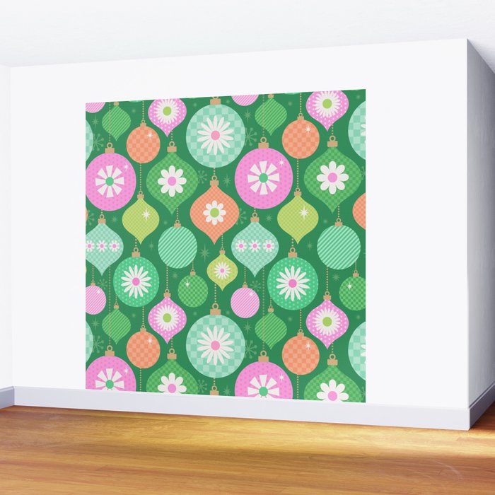 Happy Holidays Retro Ornaments - Multi-Pink on Green Wall Mural Gallery Image 2
