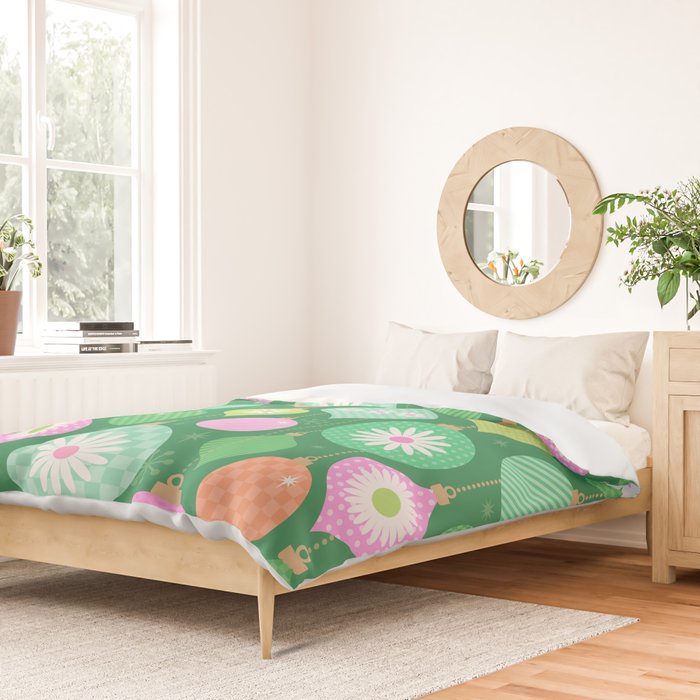 Happy Holidays Retro Ornaments - Multi-Pink on Green Duvet Cover Gallery Image 2