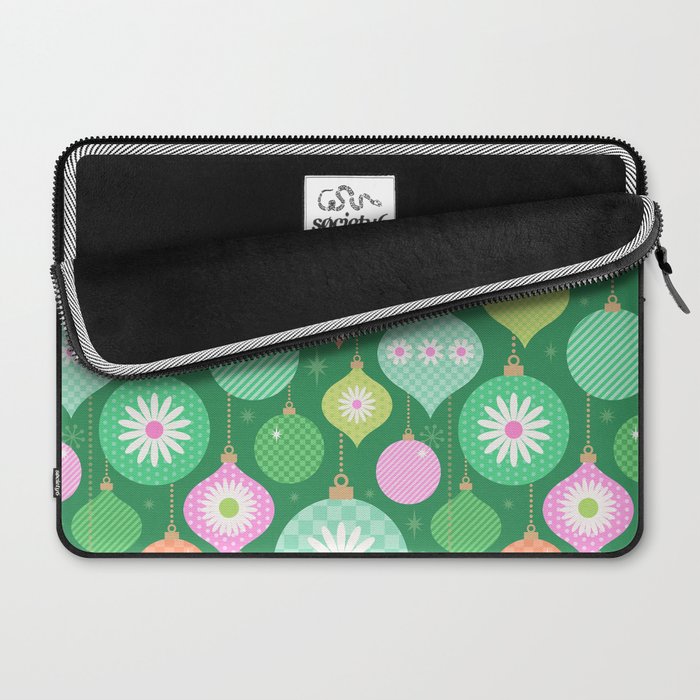 Happy Holidays Retro Ornaments - Multi-Pink on Green Laptop Sleeve Gallery Image 2