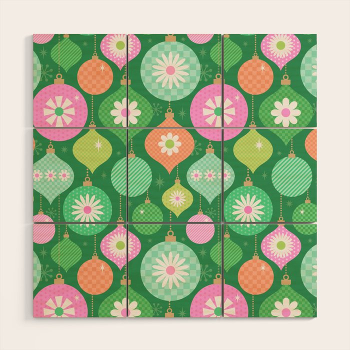 Happy Holidays Retro Ornaments - Multi-Pink on Green Wood Wall Art Gallery Image 1