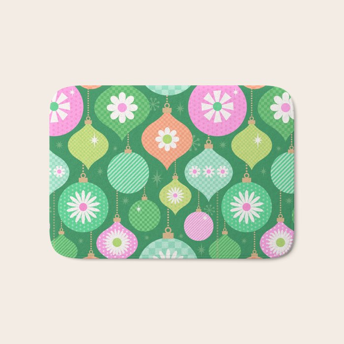 Happy Holidays Retro Ornaments - Multi-Pink on Green Bath Mat Gallery Image 1
