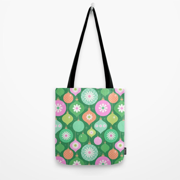 Happy Holidays Retro Ornaments - Multi-Pink on Green Tote Bag Gallery Image 2