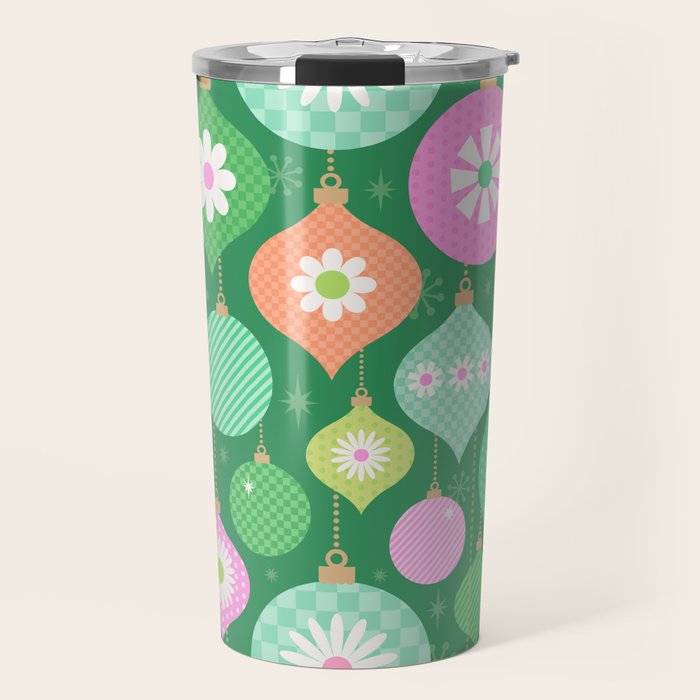Happy Holidays Retro Ornaments - Multi-Pink on Green Travel Mug Gallery Image 1