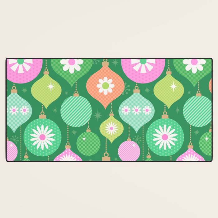 Happy Holidays Retro Ornaments - Multi-Pink on Green Desk Mat Gallery Image 3
