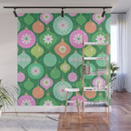 Happy Holidays Retro Ornaments - Multi-Pink on Green Wall Mural Gallery Image 1