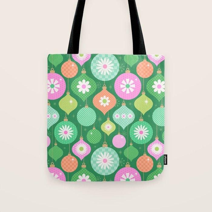 Happy Holidays Retro Ornaments - Multi-Pink on Green Tote Bag Gallery Image 1