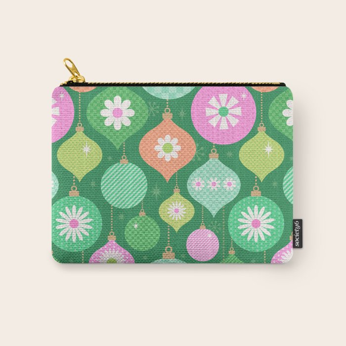 Happy Holidays Retro Ornaments - Multi-Pink on Green Carry All Pouch Gallery Image 1