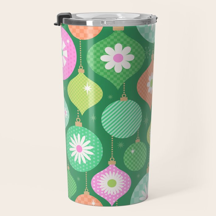 Happy Holidays Retro Ornaments - Multi-Pink on Green Travel Mug Gallery Image 3