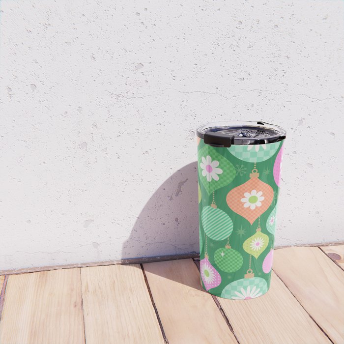 Happy Holidays Retro Ornaments - Multi-Pink on Green Travel Mug Gallery Image 4