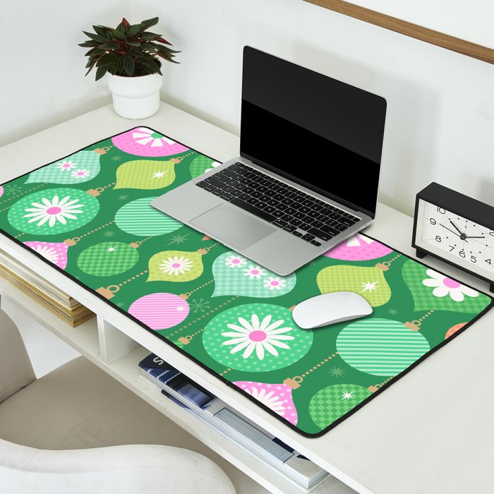 Happy Holidays Retro Ornaments - Multi-Pink on Green Desk Mat Gallery Image 2