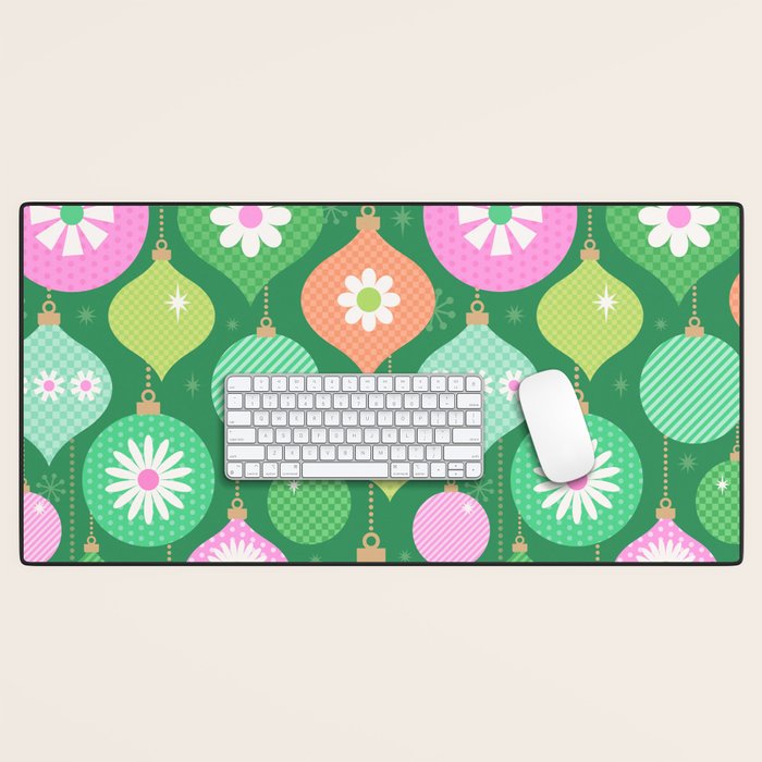 Happy Holidays Retro Ornaments - Multi-Pink on Green Desk Mat Gallery Image 1