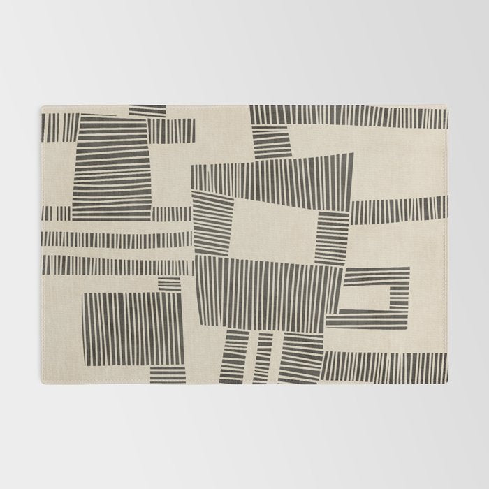 Abstract Digital Linocut Beige Black Art Rug Gallery Image 2