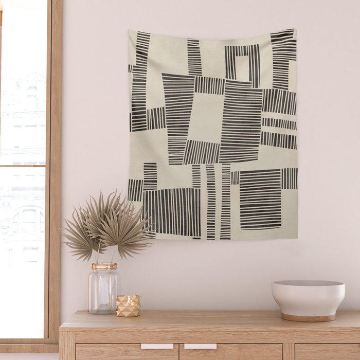 Abstract Digital Linocut Beige Black Art Wall Tapestry Gallery Image 2